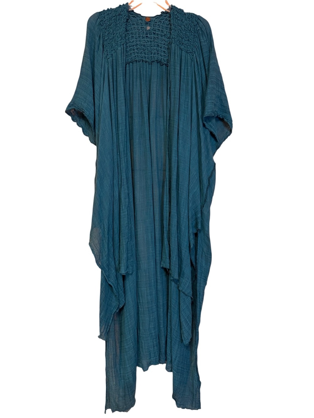 FP One Smocked Gauze Maxi Kimono Duster Teal Boho One Size XS/S